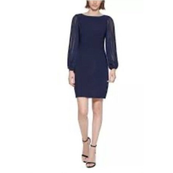 Marina Dress XL Long Sheer Sleeve Navy Blue Career Church Party Washable NWT - Picture 1 of 12